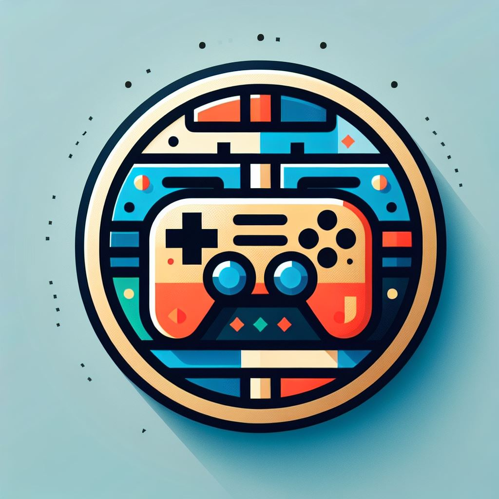 This is a sample colorful badge with a videogame controller in the middle